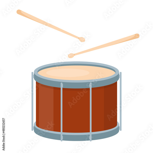 Brown drum and wooden drumsticks isolated on white background. Drums icon musical instrument. Vector illustration in flat cartoon style.