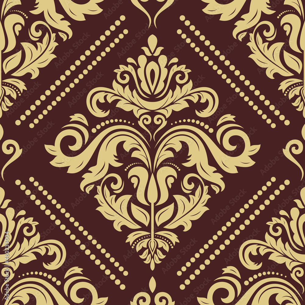 Classic seamless vector pattern. Damask orient brown and golden ornament. Classic vintage background. Orient ornament for fabric, wallpapers and packaging Classic seamless vector pattern. Damask orient brown and golden ornament. Classic vintage background. Orient ornament for fabric, wallpapers and packaging