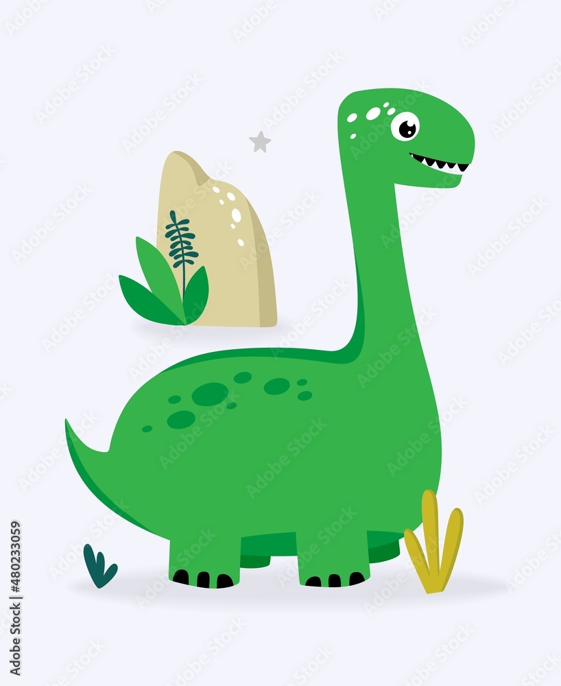 Fototapeta premium Funny cute dinosaur green on a light background. For textiles, packaging paper, posters, backgrounds, decoration of childrens parties. Vector illustration