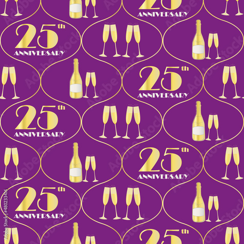 25 years anniversary celebration vector seamless Ogee pattern with hand drawn champagne bottles and glasses. Purple and gold background. Fizzy drinks and 1920s font. Repeat for party, business event