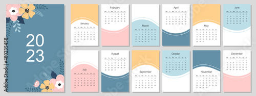 Calendar template for the year 2023. Bright design. A set of pages for 12 months of 2023. Vector illustration. The week starts on Monday.