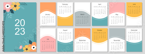Calendar template for the year 2023. Bright design. A set of pages for 12 months of 2023. Vector illustration. The week starts on Sunday.
