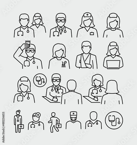 Nurse Doctor and Patient Vector Line Icons