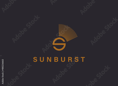 Abstract Sun Letter S Logo. Letter S Vintage Sun Icon with Geometric Radial Sunburst Rays isolated on Black Background. Usable for Business and Nature Logos. Flat Vector Logo Design Template Elements