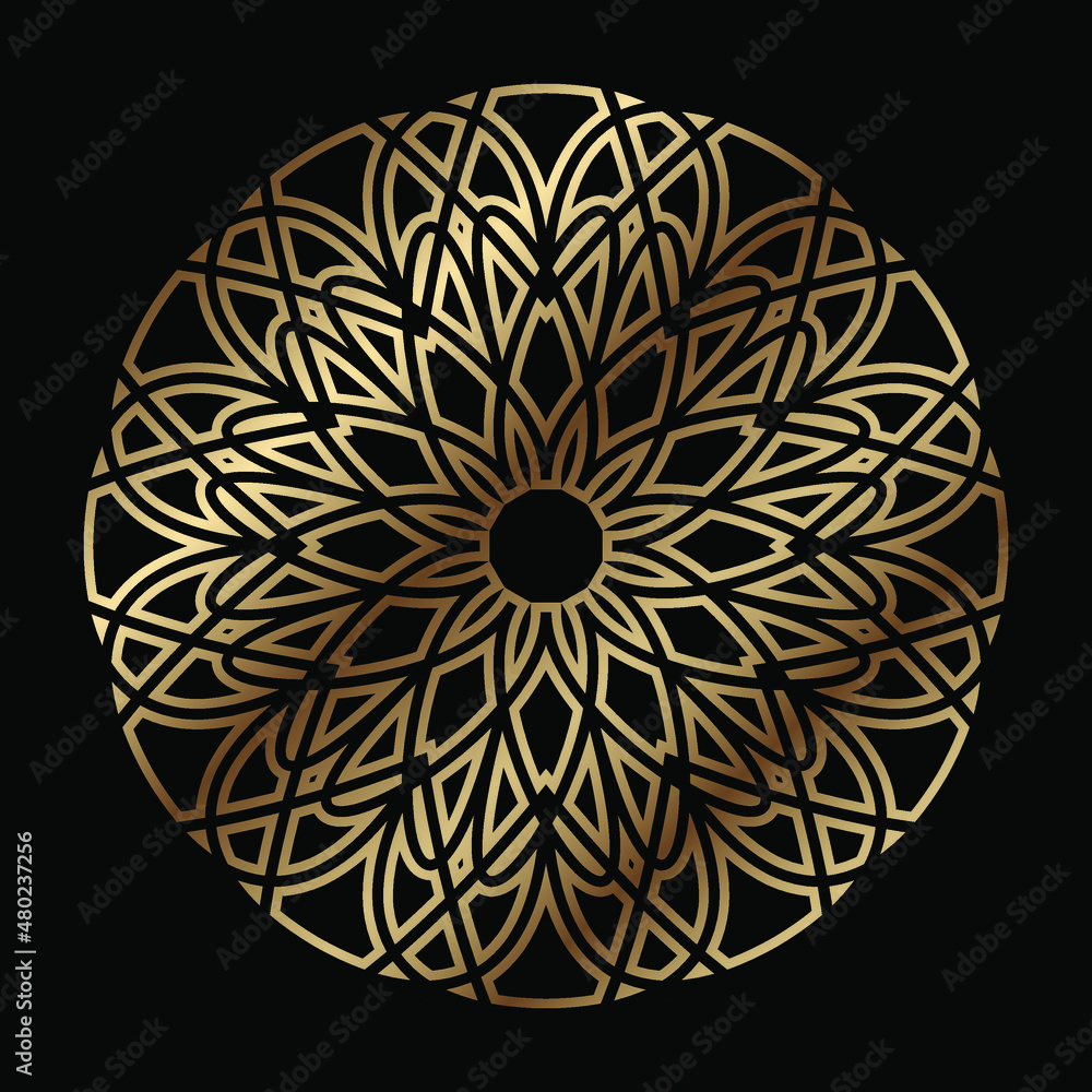 Abstract golden vector, decorative geometric ornament, black and gold mandala. Vector design
