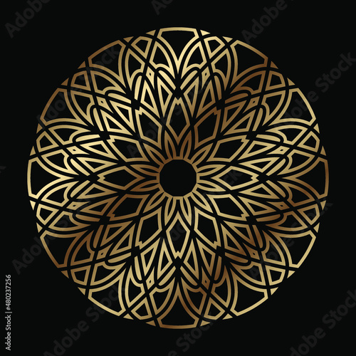 Abstract golden vector, decorative geometric ornament, black and gold mandala. Vector design