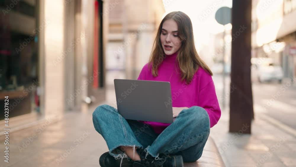 Young blonde woman smiling confident having video call at street Young blonde woman smiling confident having video call at street