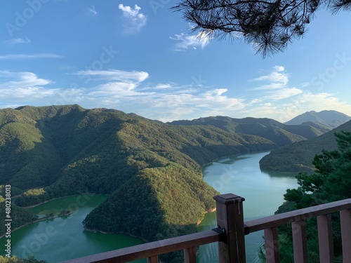 충북 보은 독수리봉에서 내려다본 대청호 풍경, 악어형상, 호수 / Daecheong Lake scenery, crocodile shape, lake overlooking from Boeun Eaglebong Peak in Chungbuk. photo