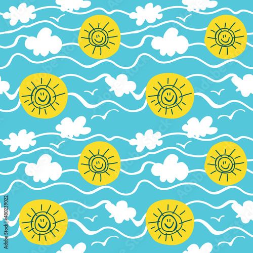 Kids hand drown clouds and sun. Expressive dry brushes seamless pattern.
