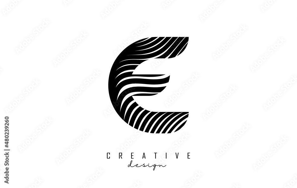 Letter E logo with black twisted lines. Creative vector illustration with zebra, finger print pattern lines.