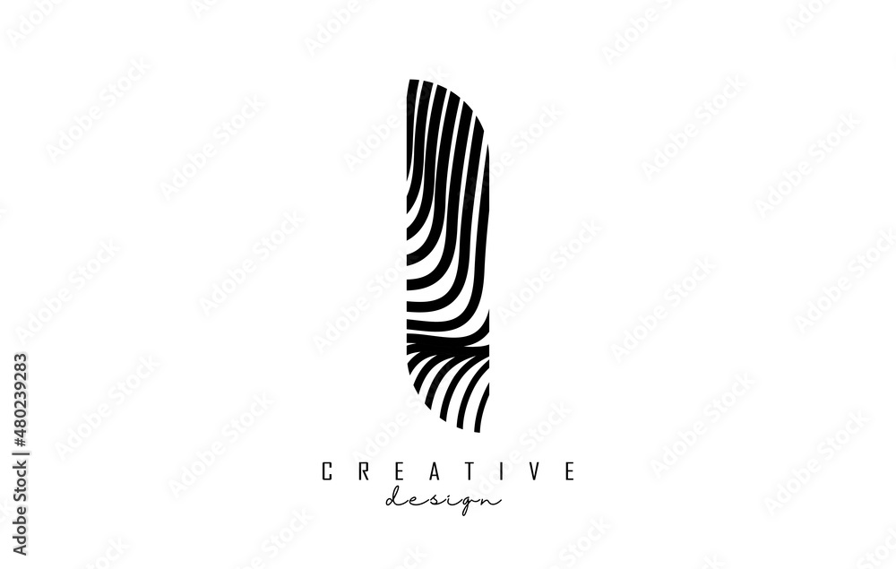 Fototapeta premium Letter I logo with black twisted lines. Creative vector illustration with zebra, finger print pattern lines.