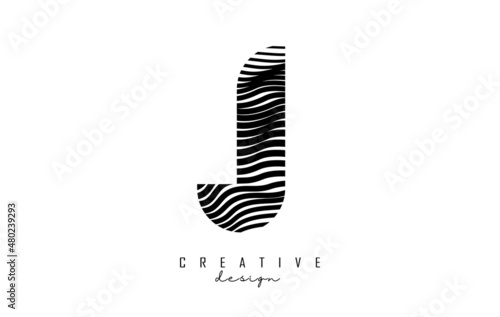 Letter J logo with black twisted lines. Creative vector illustration with zebra  finger print pattern lines.