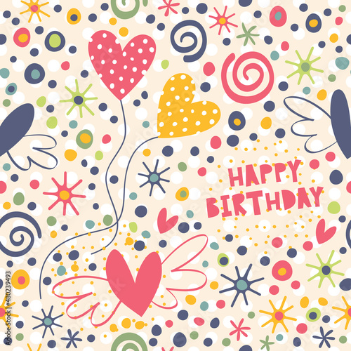 Happy Birthday. Seamless pattern with streamers, confetti and gifts for your design.