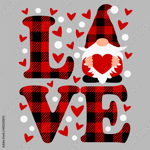 Buffalo plaid love and gnome Svg cut file, Valentine's day isolated vector illustration perfect for kids apparel, t-shirts, cards and so on