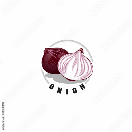 Sliced onion logo or illustration. Reddish purple onion