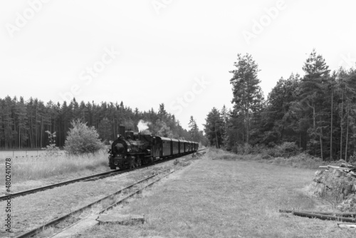 On an overcast day a steam engine in Lower Austria drives past a siding. The picture is in black and white.