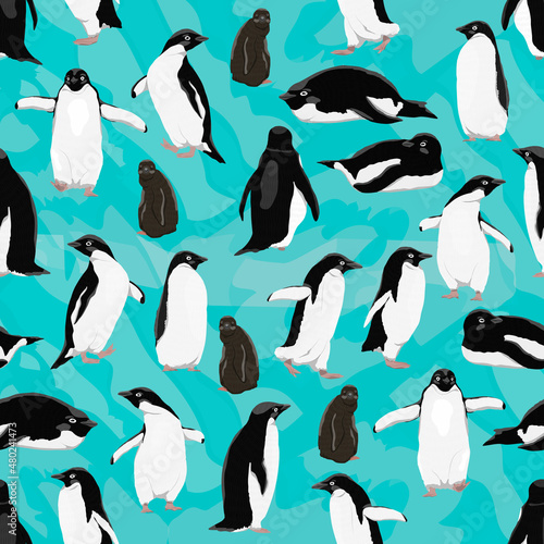 Seamless pattern with Ad  lie penguins. Males  females and chicks of Ad  lie penguins. Birds of the South Pole. Realistic pattern for textiles and packaging