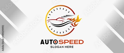 automotive and rpm car logo design with fire element concept in circle. premium automotive logo illustration vector