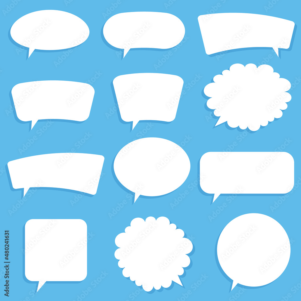 Collection of blank speech bubbles. White different shapes of speech bubbles on blue background. Vector set. Collection of blank speech bubbles. White different shapes of speech bubbles on blue background. Vector set.