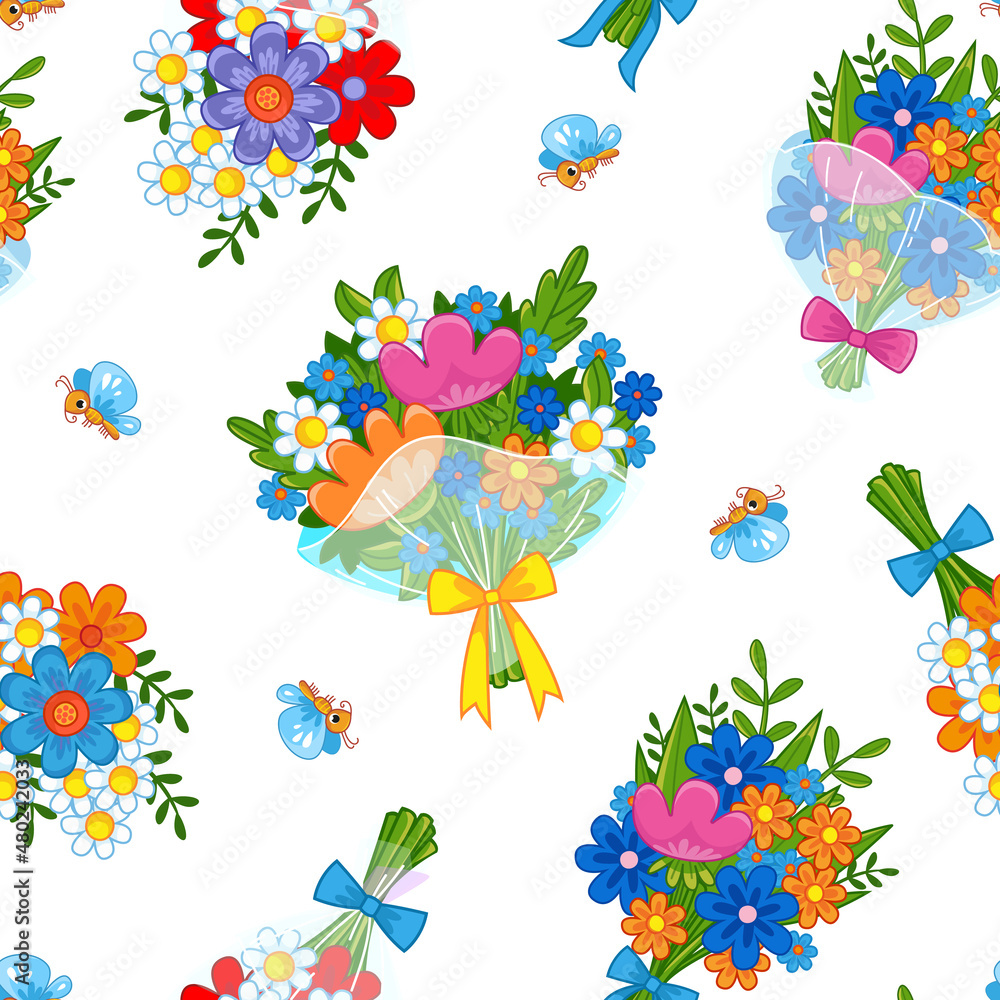 Fototapeta premium Seamless pattern with cute bouquets of flowers on a white background. Spring children's decor of pink, yellow and blue flowers. Vector illustration in flat style. Print for textiles for kids.