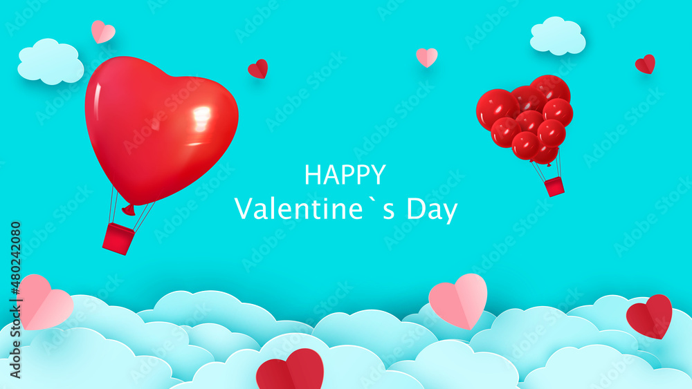 Valentine s day background with heart shaped balloon flying through the clouds. Romantic paper art in origami style. Paper hearts. Vector