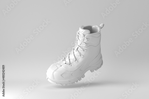 White hiking boots on white background. minimal concept. 3D render.