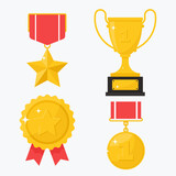 Collection of gold Champions prizes, trophies, awards. Medal, cup and badge. Flat Vector illustration, isolated on white background