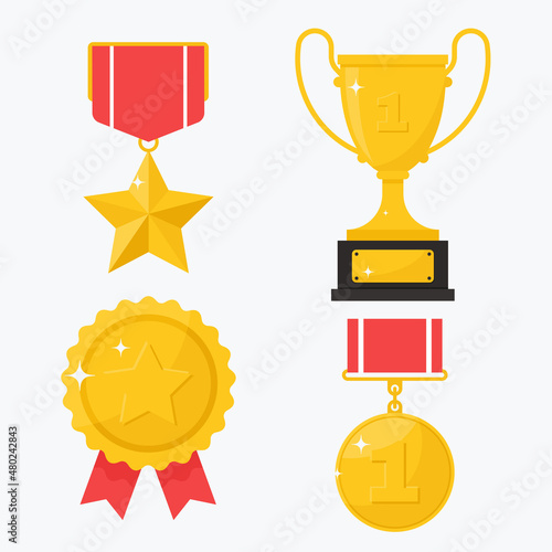 Collection of gold Champions prizes, trophies, awards. Medal, cup and badge. Flat Vector illustration, isolated on white background