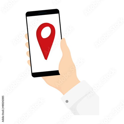 Sign icon man holding phone in hand, location sign on screen. Vector illustration eps 10.