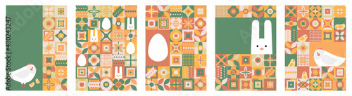 Geometric illustration for Easter holidays with rabbits, hens, chicks, eggs and neo geometry pattern. Modern geometric abstract style. Vector composition for Easter and spring