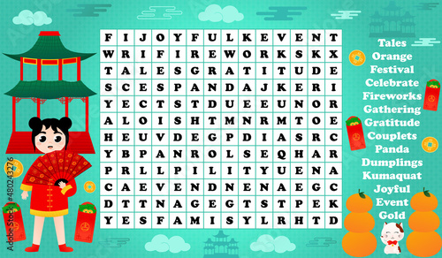 Word search puzzle with cute girl character in chinese traditional costume with fans, tangerine christmas tree and luck mascots in cartoon style, printable worksheets for lunar new year