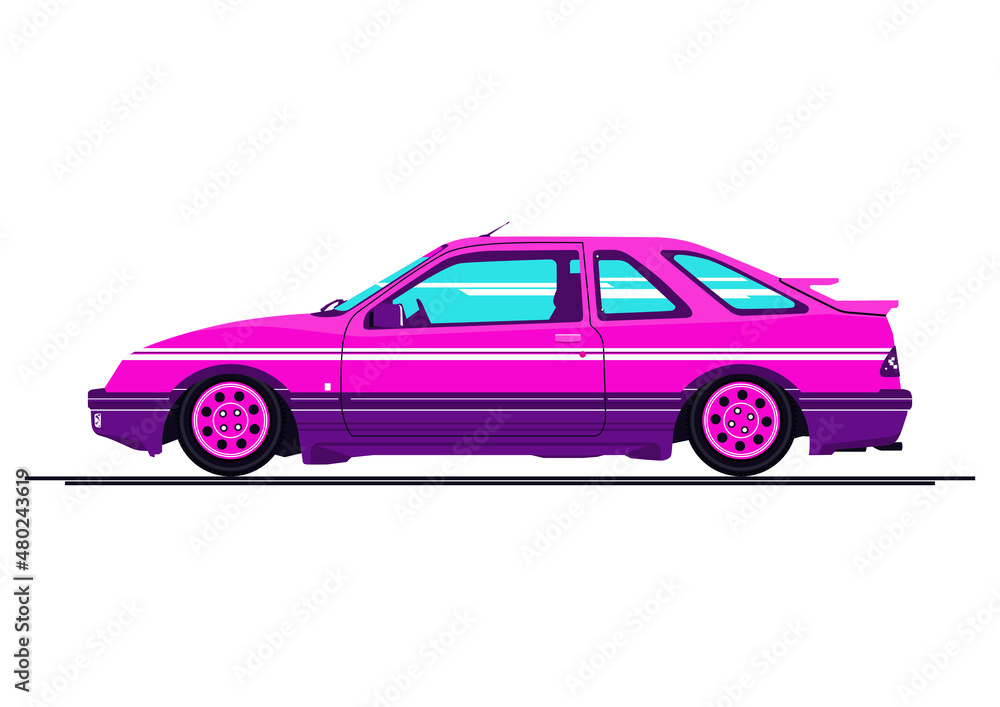 Retro car in the colors of the 80s. Side view of a classic car. Flat vector without gradients and textures.