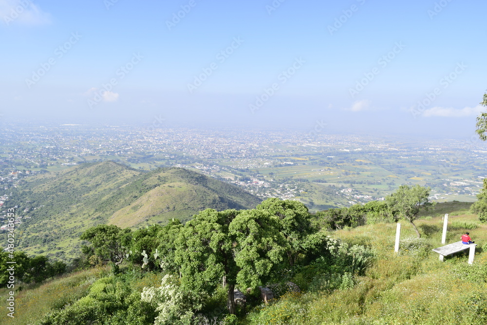 view from the top of a hill towards the valley and the horizon where vegetation is observed
