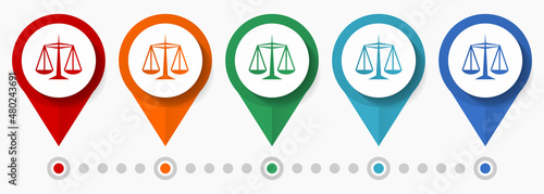 Justice, law concept vector icon set, flat design pointers, infographic template