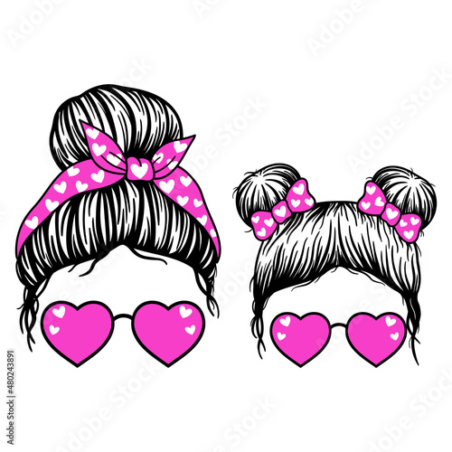 Valentines Mom and Kid. Woman face and girl face with aviator glasses, bandana and heart print. Messy Bun Mom Lifestyle. Messy Bun Girl Lifestyle. Vector illustration for Valentines Day. 