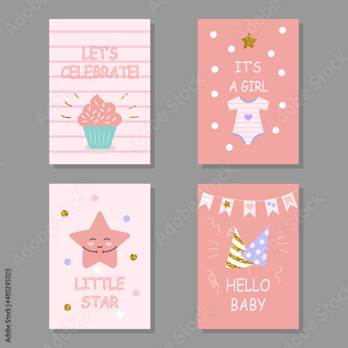 set of greeting cards happy birthday newborn girl. collection of 4 cute templates. vector illustration hand drawn style. baby congratulations card