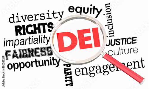 DEI Diversity Equity Inclusion Magnifying Glass Diverse Inclusive Search 3d Illustration photo