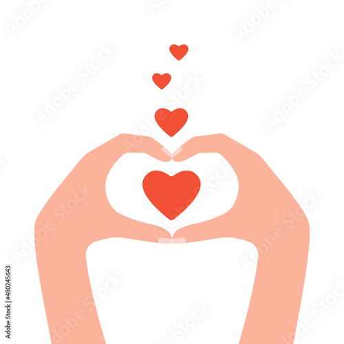 People hands showing heart love, congratulate, support, good feedback, thanks. Woman hands send hearts, like. Concept of charity, donation, help. Hands gesture give, share your love. Vector