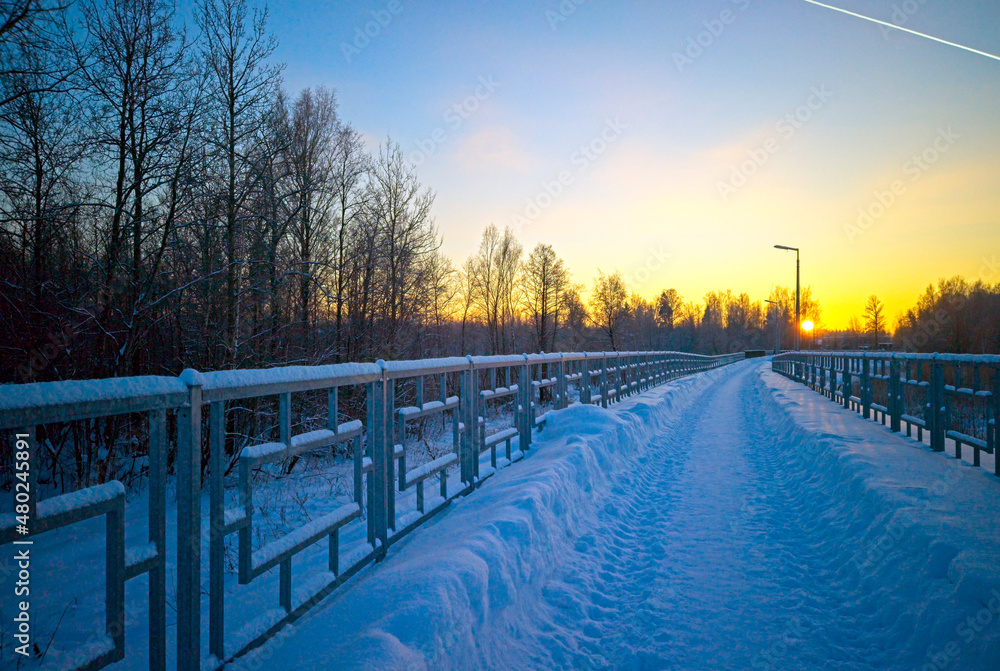 Fototapeta premium A snowy, frosty winter walking road.