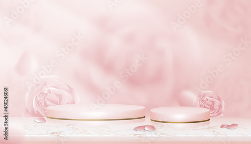 Studio room Pink podium display with blurry English rose background, Vector 3D Cylinder on blurry spring flower, Sweet pink pastel backdrop banner for beauty product and Valentine day concept