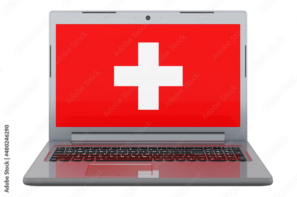 Fototapeta premium Swiss flag on laptop screen. 3D illustration