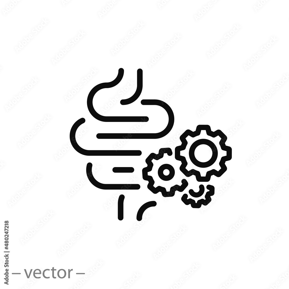 work digestive system icon, bowel with gears, gut protection, thin line symbol on white background - editable stroke vector illustration eps10 work digestive system icon, bowel with gears, gut protection, thin line symbol on white background - editable stroke vector illustration eps10