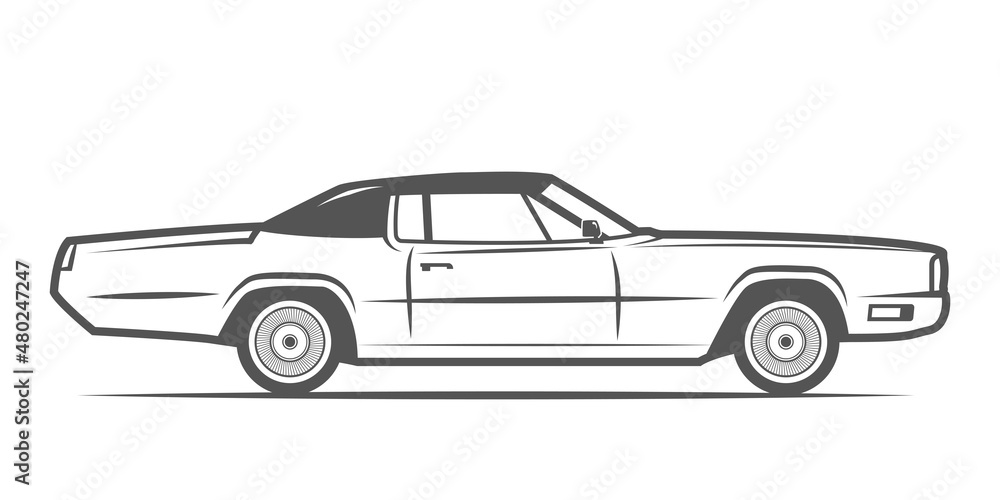 Vintage car vector illustration. Classic American convertible car for posters, logo and emblems. Linear drawing style. Automobile outline isolated on white background. Front view.
