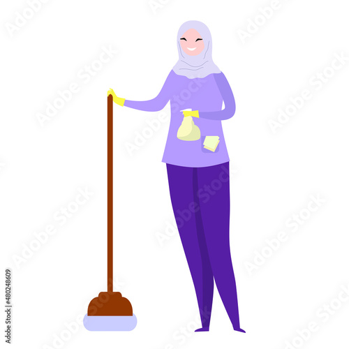 Muslim cleaning lady with mop and cleaning agent in a bottle. Vector illustration.