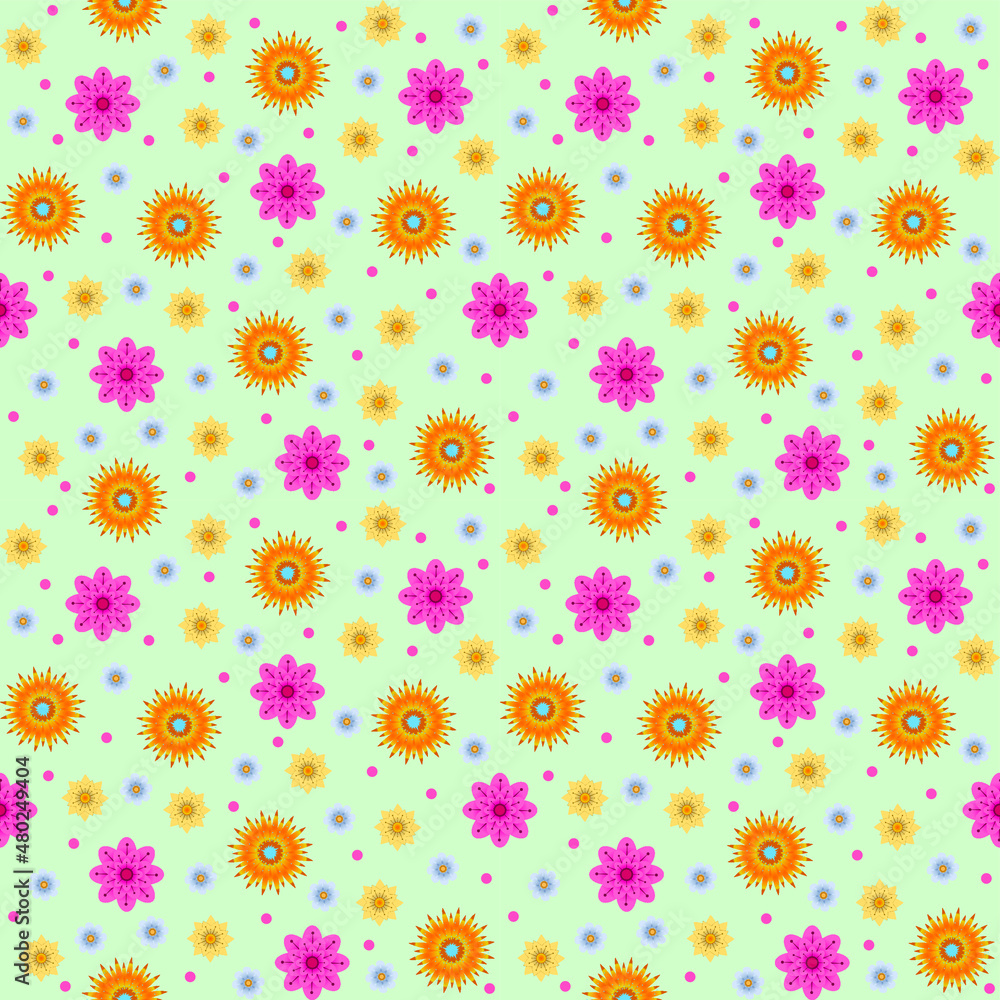 Vector illustration seamless floral pattern with beautiful pink and yellow flowers on a light green background. Concept - fashionable summer textiles or wrapping paper