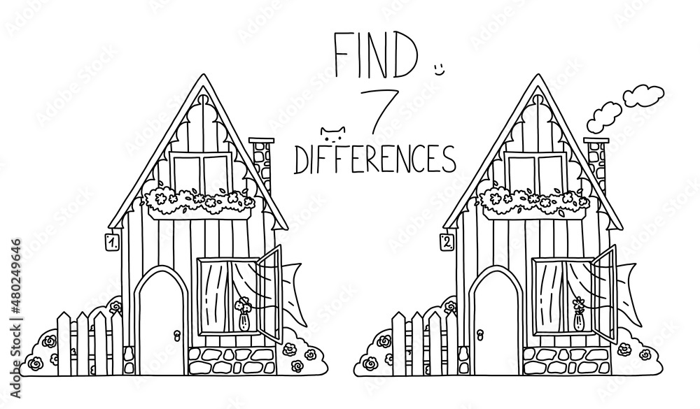 Find differences, Game for kids, brain games, children game, Educational Game for Preschool Children, coloring page illustration with summer cozy house with flowers
