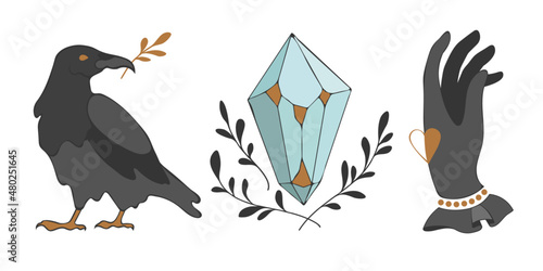 raven, crystal and hand