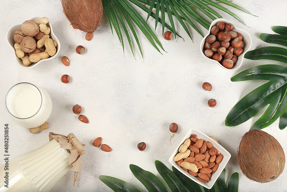 Assorted vegan lactose free milk, coconut, nut, oat, almond, milk