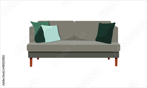 Modern grey sofa vector flat illustration. Comfortable lounge for interior design isolated on white background. Minimalistic contemporary living room in scandi or japandi style.