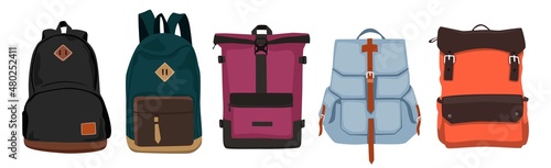 Set of school backpacks of different shapes and colors.Isolated on a white background.